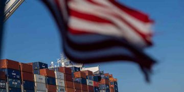 A cargo ship full of shipping containers is seen at the port of Oakland, California, U.S.