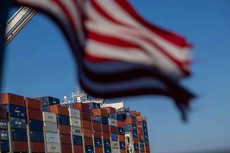 A cargo ship full of shipping containers is seen at the port of Oakland, California, U.S.