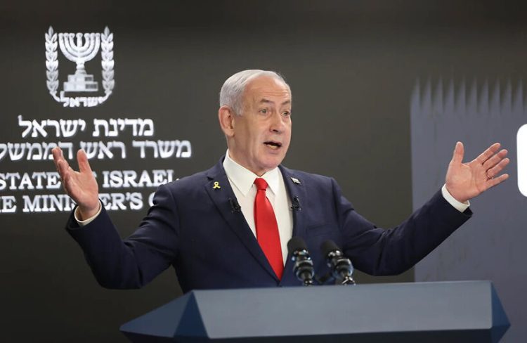 Israeli Prime Minister Benjamin Netanyahu speaks during a press conference at the prime minister's office in Jerusalem, Sunday, Aug. 10, 2025. (Gaza City)