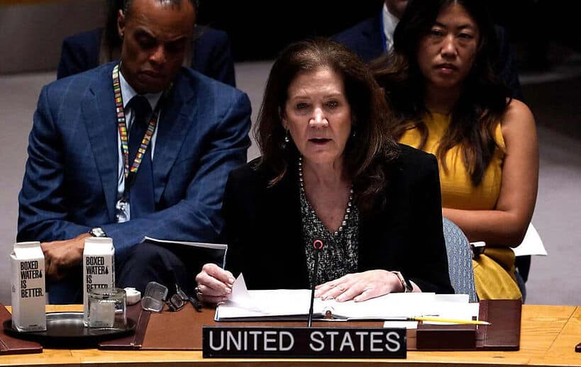 U.S. Ambassador to the U.N. Dorothy Shea speaks during an emergency United Nations Security Council meeting on the situation in Gaza.