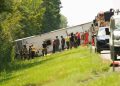 A tour bus that crashed and rolled over on the New York State Thruway near Pembroke, New York