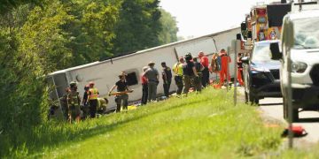 A tour bus that crashed and rolled over on the New York State Thruway near Pembroke, New York