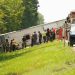 A tour bus that crashed and rolled over on the New York State Thruway near Pembroke, New York