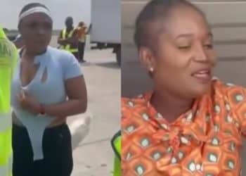 Drama as Female Passenger’s Top Slips , Exposing her Boobs While Being Dragged Off Ibom Air Flight After Fight With Hostess