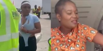 Drama as Female Passenger’s Top Slips , Exposing her Boobs While Being Dragged Off Ibom Air Flight After Fight With Hostess